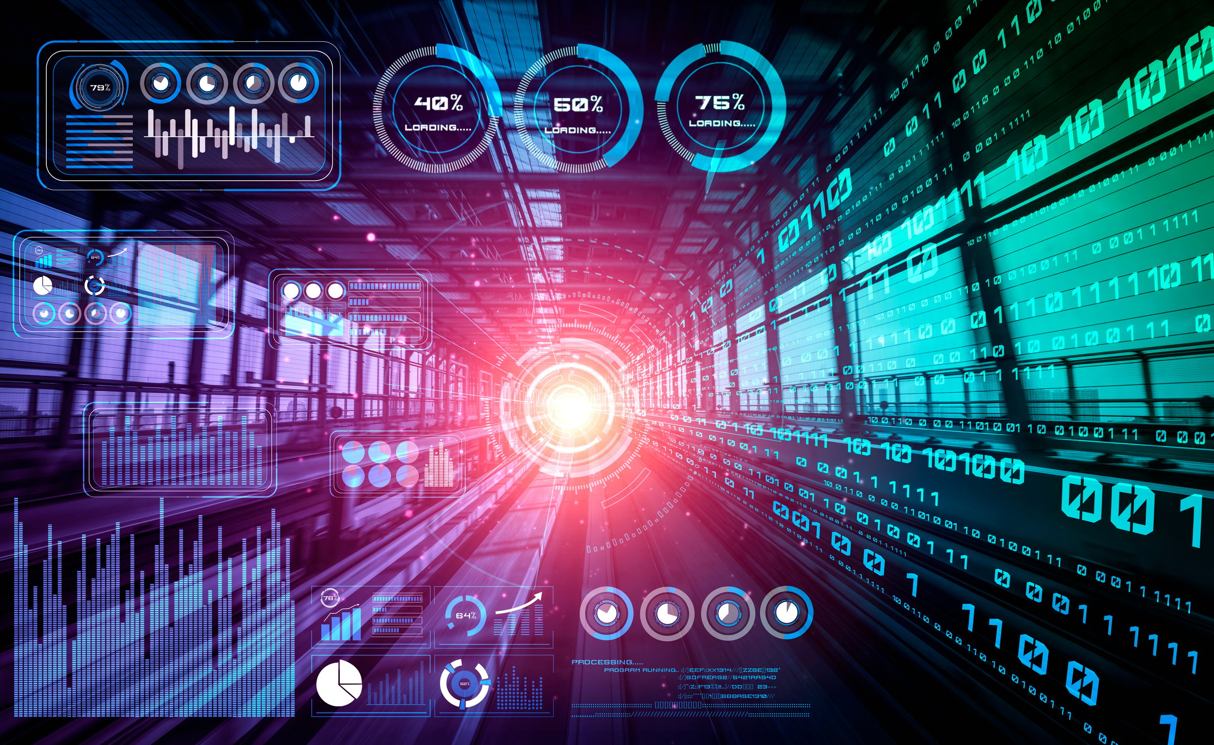 Data analytic concept with high speed motion digital transfer background